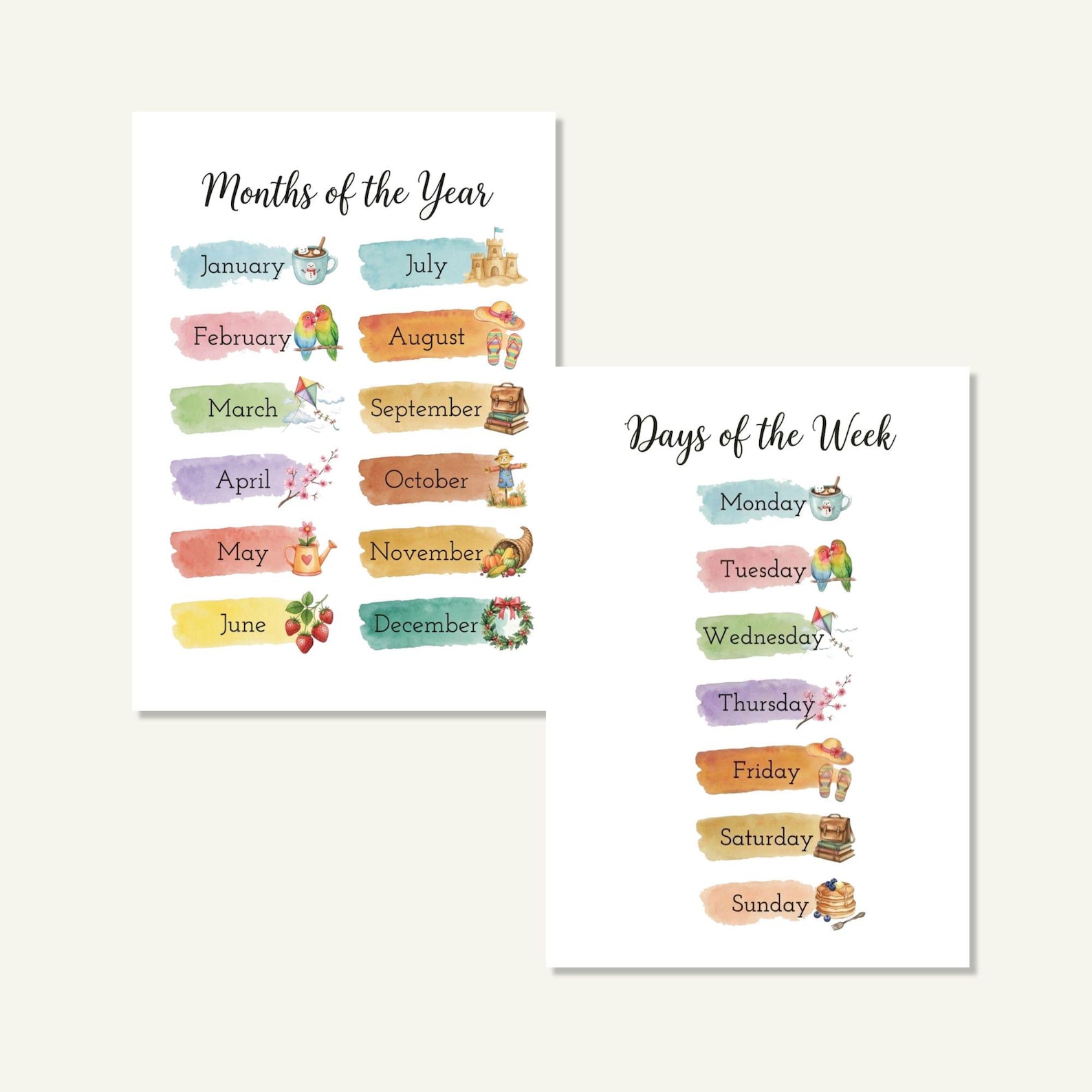 Days of the Week + Months of the Year Posters Printable | Watercolor ...