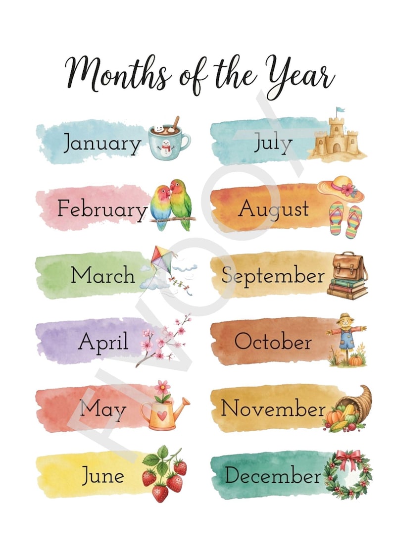 Days of the Week + Months of the Year Posters Printable | Watercolor ...