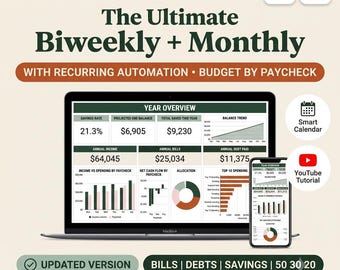 May include: A digital budget planner for Microsoft Excel and Google Sheets displayed on a laptop and smartphone screen. The interface shows a year overview with savings, income, bills, debt, and spending charts. Text includes The Ultimate Biweekly + Monthly, Smart Calendar, YouTube Tutorial, and Updated Version.