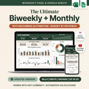 May include: A digital budget planner for Microsoft Excel and Google Sheets displayed on a laptop and smartphone screen. The interface features a year overview, income versus spending bar charts, net cash flow, and a pie chart for budget allocation.