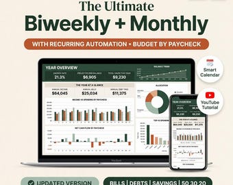 May include: A digital budget planner for Microsoft Excel and Google Sheets displayed on a laptop and smartphone screen. The interface features a year overview, income versus spending bar charts, net cash flow, and a pie chart for budget allocation.