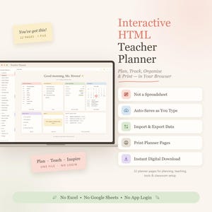 May include: An interactive HTML teacher planner displayed on a laptop screen, featuring a dashboard with a daily schedule, to-do list, and calendar. The interface includes text labels like 'Good morning, Ms. Rivera!' and 'Plan, Track, Organize & Print'.