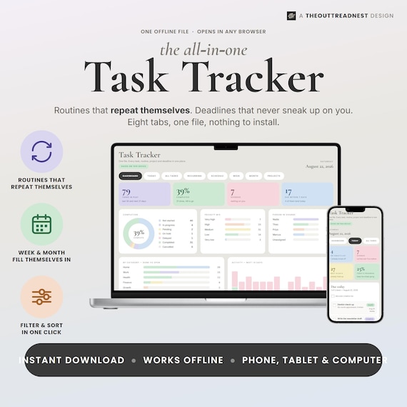 Task Tracker Digital Planner, All in One HTML File Productivity Tool with Dashboard, Recurring Routines, Weekly Monthly Schedule and Project