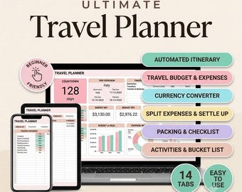 May include: A digital travel planner template for Google Sheets and Excel displayed on a laptop, tablet, and smartphone. The interface features a trip countdown, budget tracker, currency converter, and packing checklist with pastel-colored buttons.