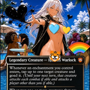 May include: A collectible trading card titled Killian, Decisive Mentor featuring a central figure with long white hair, a black cloak, and dark skin. The card includes game text, a 2/3 power and toughness rating, and an illustration of a tropical pool scene.