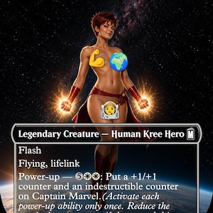 May include: A trading card titled Captain Marvel, Earth's Protector featuring a character with short brown hair, glowing hands, and red wrist cuffs. The card text includes Legendary Creature, Human Kree Hero, Flash, Flying, lifelink, and Power-up.