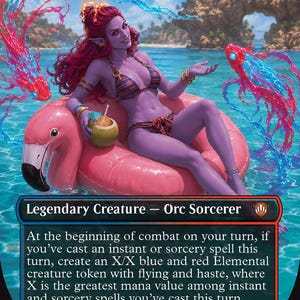 May include: A fantasy card featuring Rootha, Mastering the Moment. The image shows a purple-skinned character in a bikini on a pink flamingo float. The card text reads "Legendary Creature - Orc Sorcerer".