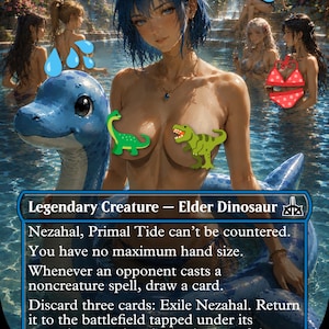 Op de afbeelding: Een verzamelkaart getiteld Nezahal, Primal Tide met een blauwharige figuur in een zwembad met een blauwe dinosaurus-opblaasband. De kaarttekst bevat Legendary Creature, Elder Dinosaur en spelregels. Het toont een 7/7 kracht en weerstand.