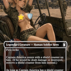 May include: A collectible trading card titled Captain America, Super-Soldier featuring a character in a camouflage shirt and shorts sitting in a military vehicle. The card text includes First strike, shield counter rules, and hexproof abilities.
