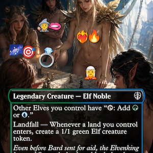May include: A collectible trading card titled Thranduil the Strategist, featuring a fantasy illustration of four elf figures around a table. The card text includes Legendary Creature, Elf Noble, and game mechanics, with a power and toughness of 4/4.