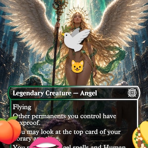 May include: A collectible trading card titled Sigarda, Font of Blessings, featuring a winged angel illustration with long blonde hair, a staff, and a halo. The card text includes Legendary Creature - Angel, Flying, and game rules. Emojis cover parts of the card.