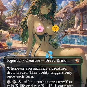 May include: A Magic: The Gathering card featuring "Dina, Essence Brewer." The artwork depicts a female Dryad with green hair and a bong. The card text includes abilities like "Whenever you sacrifice a creature, draw a card."