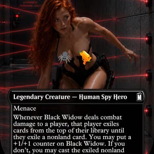May include: A collectible trading card titled Black Widow, Super Spy featuring a red-haired character in a black bodysuit navigating red laser beams. The card text includes Legendary Creature, Human Spy Hero, Menace, and game mechanics.