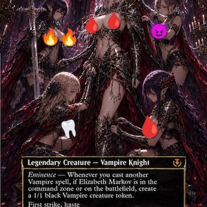 Może przedstawiać: Karta fantasy z postacią Elizabeth Markov, Vampire Knight. Grafika przedstawia kilka postaci kobiecych w ciemnych strojach z ozdobnymi detalami. Tekst karty zawiera typ stworzenia, umiejętności oraz moc/wytrzymałość.