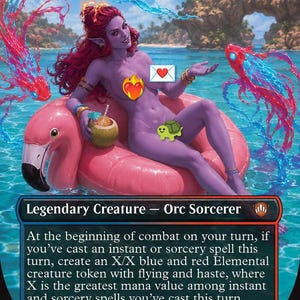 May include: A Magic: The Gathering card featuring Rootha, Mastering the Moment. The card depicts a purple-skinned Orc Sorcerer on a pink flamingo floatie. The card has a 3/4 power and toughness rating.