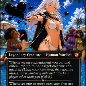 May include: A trading card titled Killian, Decisive Mentor featuring a white-haired character in a white bikini and black cape, casting a black heart-shaped liquid spell. The background shows a swimming pool with palm trees and other figures.