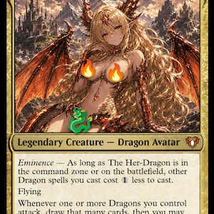 May include: A Magic: The Gathering card named "The Her-Dragon." The card shows a fantasy illustration of a dragon avatar with long blonde hair, red wings, and dragon-like features. The card text includes "Legendary Creature - Dragon Avatar" and other game details.