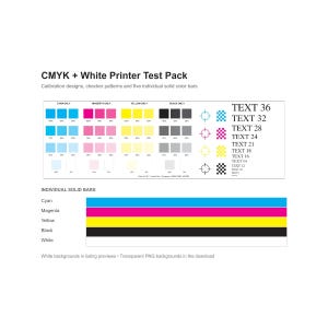 Peut inclure: Un pack de test d'imprimante CMJN + Blanc comprenant des designs de calibration, des motifs en damier et des barres de couleur unies. La mise en page inclut des grilles de densité d'encre, des repères et des échantillons de texte de 10 à 36.