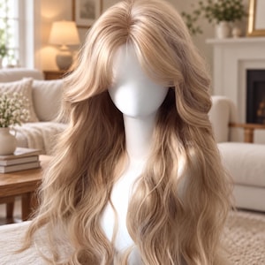 May include: A long, wavy blonde wig with a center part and voluminous layers, displayed on a smooth white mannequin head. The hair features a light golden-blonde color with subtle highlights, styled in soft, flowing waves that cascade down.