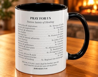 Tazza con i santi patroni della guarigione / Regalo cattolico per augurare pronta guarigione / Tazza da caffè con i santi per i contatti di emergenza / Regalo per infermieri o assistenti familiari