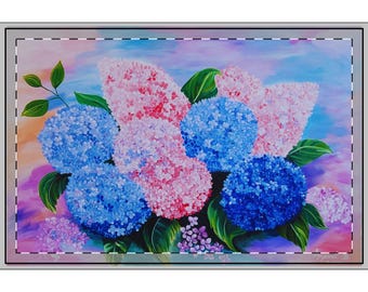 Vassoio da portata grande con decorazione floreale di ortensie dipinta a mano (blu e rosa)