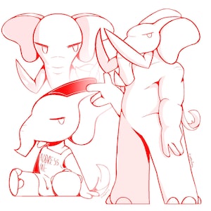 May include: A red and white cartoon illustration featuring several stylized elephants. One elephant is seated, wearing a shirt that says "ADDRESS ME". The other elephants are standing and gesturing. The artwork has a playful and whimsical style.