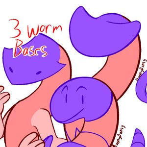 May include: A cartoon illustration of three worms in pink and purple. The worms have large, rounded heads and curved bodies. The text "3 Worm Bases" is written in red. The image has a playful, whimsical style, suitable for children's content.