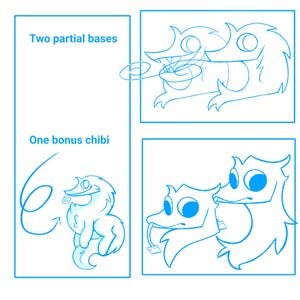 May include: A digital illustration with a blue outline on a white background. The image features three panels with cartoon-style creatures. Text reads "Two partial bases" and "One bonus chibi".