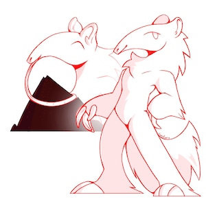 May include: A digital illustration of two anteater-like creatures in a cartoon style. The creatures are outlined in red on a white background. One is smiling, and the other is standing upright. A dark mountain is in the background.
