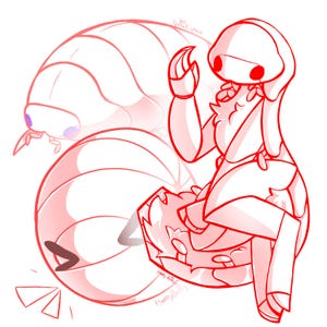 Può includere: Illustrazione digitale con due creature simili a insetti stilizzate, di colore rosso chiaro. Una è una forma segmentata, simile a un verme, con una piccola testa e antenne. L'altra è una figura umanoide con testa arrotondata, grandi occhi e mani a forma di artiglio. Il testo "Happy Bugs" e "spiral-moth" è presente.