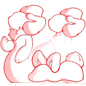 Pode incluir: Uma ilustração digital com um coelho de desenho animado em várias poses. O coelho é branco com contornos vermelhos. A imagem inclui uma vista lateral, uma vista frontal e uma vista deitada. A assinatura do artista é visível.