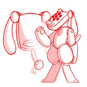 May include: A red and white cartoon illustration of a robotic dog-like character with a large head, ears, and a tail. The character is in a walking pose, with one paw raised. The word "Tail" is written near the tail.