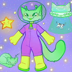 May include: A whimsical illustration of a green alien cat in a purple spacesuit with yellow gloves and boots. A UFO with a cow inside is depicted, along with a sleeping cat and a star. The background is a starry purple sky.