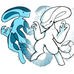 Può includere: Due personaggi alieni dei cartoni animati in posa dinamica. Uno è azzurro con accenti blu scuro, l'altro è bianco. Entrambi hanno grandi teste, mani a forma di artiglio e una coda. Lo sfondo ha un motivo ripetuto.