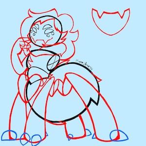 May include: A digital drawing of a cartoon character with a light blue background. The character is outlined in red and black, with a large body, multiple legs, and a detailed face. The artist's signature, "Hunnybunnsy," is visible.