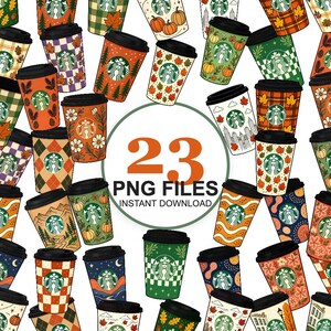 Peut inclure: Une collection numérique de 23 fichiers PNG présentant divers gobelets à café avec couvercles noirs, chacun orné de motifs uniques incluant des feuilles d'automne, des citrouilles, des fleurs, des carreaux et des paysages urbains, autour du texte 23 PNG FILES INSTANT DOWNLOAD.