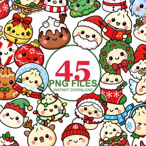 Könnte beinhalten: Eine Sammlung von 45 digitalen Illustrationen mit niedlichen, runden Charakteren in verschiedenen weihnachtlichen Kostümen und Umgebungen, darunter eine Schneekugel, ein Kranz, ein Strumpf und eine Weihnachtsmütze, mit dem Text 45 PNG FILES INSTANT DOWNLOAD.