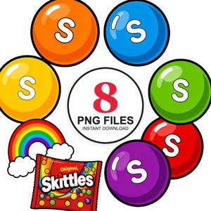 May include: A digital graphic featuring six colorful round candies, each marked with a white letter S, arranged in a circle around a central white badge with the red text 8 PNG FILES INSTANT DOWNLOAD. Includes a rainbow and a Skittles candy bag.