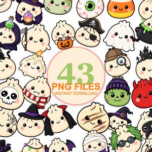 Peut inclure: Une collection de 43 illustrations numériques représentant des personnages de boulettes ronds et mignons déguisés pour Halloween, incluant un fantôme, un vampire, une momie, un pirate et une sorcière, autour du texte 43 PNG FILES.