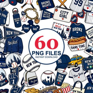 New York Baseball Clipart Set, 60 Match Day Girly PNG Bundle, Pinstripe Sticker Designs, Ballpark Babe Digital Nedladdning