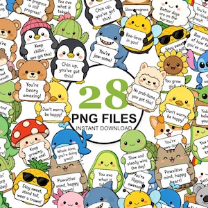 Può includere: Una collezione di 28 file PNG digitali con animali e piante a cartoni animati colorati, ognuno dei quali tiene un cartello bianco con testo motivazionale come You are beary amazing, Bee-lieve in you, e No prob-llama, you got this.