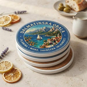 May include: A stack of round ceramic coasters with cork backing, featuring a blue border and a coastal illustration of the Dalmatian coast with mountains, a sailboat, and a wine glass, inscribed with the text DALMATINSKA OBALA PLANINE I MORE, SAVRŠENA SKLADNOST.