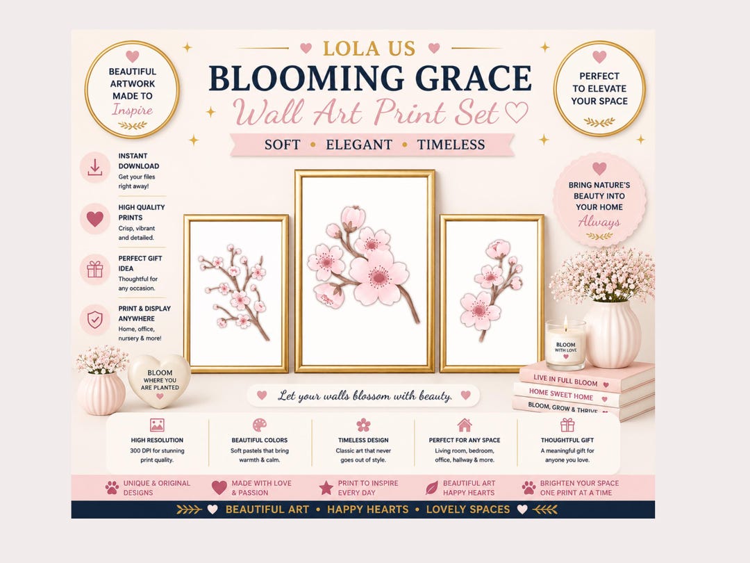 Cherry Blossom Wall Art Set of 3 Prints | Pink Floral Printable Decor ...
