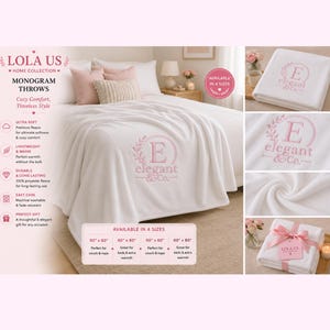 Op de afbeelding: Een witte fleece deken met een roze geborduurd monogram met de tekst E elegant & co. De deken wordt getoond op een bed en is op verschillende manieren gevouwen, inclusief een als cadeau verpakte versie met een roze lint en een Lola Us label.