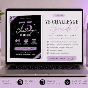 May include: A laptop displays a digital guide titled "75 Challenge Guide" by Naomi Ashley. The guide is black with purple accents and includes sections for workouts, recipes, and trackers. A purple water bottle and a candle are also visible.