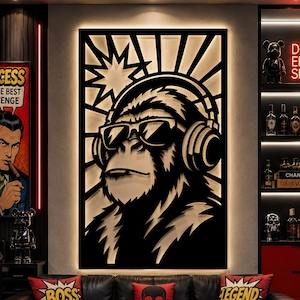 Diseño de pared con auriculares de mono en formato SVG / Archivo de corte láser de Gorilla DJ (descarga digital)