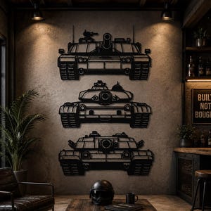 May include: A set of three black metal wall art pieces, each depicting the front view of a military tank. The tanks are arranged vertically on a textured wall. Each piece features detailed cutouts representing the turret, barrel, and tracks.
