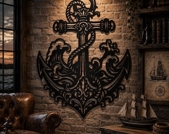 Vintage-Wandbild mit Ankermotiv | Verzierte Meereswellen, Seile, Rankenmuster (Digitaler Download)