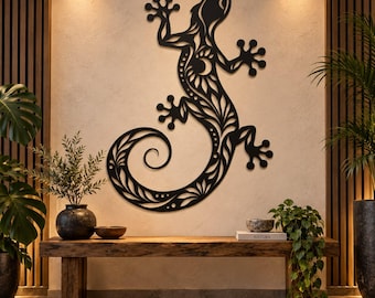 Wanddeko im Tribal-Gecko-Stil | Blattförmige Echsen-Metalldekoration (Digitale Datei)