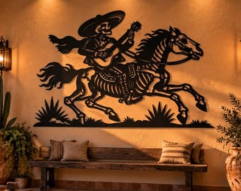 Skelett-Cowboy SVG | Tag der Toten Reiter DXF | Mexikanischer Charro Gitarre Metall-Wandbild | CNC-Laser-Plasma-Schnittdatei